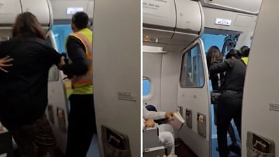 The woman can be heard mumbling on the Surat-Bengaluru flight, as security personnel tell her to get off the plane. (X/ @_being_Rajasthani ) The woman can be heard mumbling on the Surat-Bengaluru flight, as security personnel tell her to get off the plane. (X/ @_being_Rajasthani )