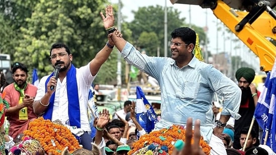 Former Haryana deputy chief minister Dushyant Chautala’s (right) Jannayak Janta Party has a pact with Azad Samaj Party of Chandra Shekhar Azad (left) for the October 5 assembly elections.
