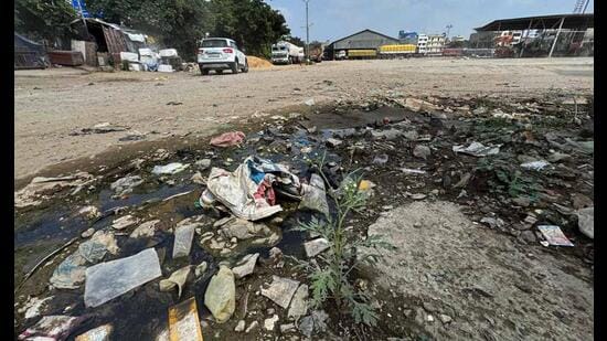 Garbage is scattered across the grain market, leading to poor sanitation and lack of hygiene. (HT Photo)