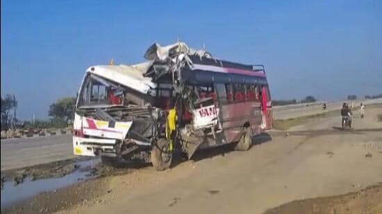 The incident happened on GT Road (National Highway 19) in Bihar’s Rohtas district and the front portion of the bus was badly damaged. (PTI)