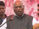 Congress President Mallikarjun Kharge addresses a public meeting amid ongoing in J&K’s Jasrota. (PTI) Congress President Mallikarjun Kharge addresses a public meeting amid ongoing in J&K’s Jasrota. (PTI)