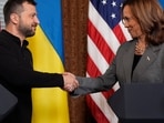 FILE - Vice President Kamala Harris meets with Ukraine's President Volodymyr Zelenskyy, Thursday, Sept. 26, 2024, in the vice president's ceremonial office inside the Eisenhower Executive Office Building on the White House complex in Washington. (AP Photo/Jacquelyn Martin,File)