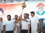 Sonipat: Rahul Gandhi with party leader Deepender Singh Hooda and Bajrang Punia. Sonipat: Rahul Gandhi with party leader Deepender Singh Hooda and Bajrang Punia.