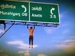 The 16-second clip also shows his trying to pull himself up by his legs to sit on the signboard. The 16-second clip also shows his trying to pull himself up by his legs to sit on the signboard.