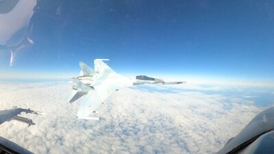In this September 23, 2024, image taken from video, a US Air Force F-16 operating under the direction of North American Aerospace Defense Command, conducts a routine intercept of a Russian Tu-95 aircraft in the Alaskan Air Defense Identification Zone (ADIZ) when NORAD said a Russian Su-35 aircraft conducts an unsafe maneuver directed at the F-16. (AP) In this September 23, 2024, image taken from video, a US Air Force F-16 operating under the direction of North American Aerospace Defense Command, conducts a routine intercept of a Russian Tu-95 aircraft in the Alaskan Air Defense Identification Zone (ADIZ) when NORAD said a Russian Su-35 aircraft conducts an unsafe maneuver directed at the F-16. (AP)