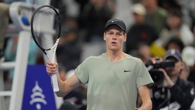 Italy's Jannik Sinner celebrates defeating China's Bu Yunchaokete in the China Open tennis tournament men's singles semi-final match (AP) Italy's Jannik Sinner celebrates defeating China's Bu Yunchaokete in the China Open tennis tournament men's singles semi-final match (AP)