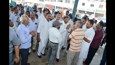 Congress candidate and current MLA Pradeep Chaudhary while campaigning in Kalka on Tuesday. (HT Photo) Congress candidate and current MLA Pradeep Chaudhary while campaigning in Kalka on Tuesday. (HT Photo)
