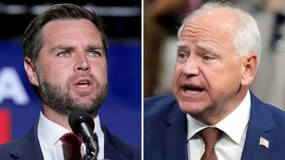 This combination of photos shows Republican vice presidential nominee Sen. JD Vance, R-Ohio, left, on Aug. 6, 2024, in Philadelphia, and Democratic vice presidential candidate Minnesota Gov. Tim Walz, Aug. 9, 2024, in Glendale, Ariz. (AP Photo) (AP) This combination of photos shows Republican vice presidential nominee Sen. JD Vance, R-Ohio, left, on Aug. 6, 2024, in Philadelphia, and Democratic vice presidential candidate Minnesota Gov. Tim Walz, Aug. 9, 2024, in Glendale, Ariz. (AP Photo) (AP)
