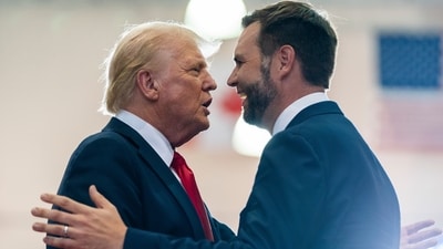 Republican presidential candidate former President Donald Trump, left, greets Republican vice presidential candidate Sen. JD Vance, R-Ohio, before speaking at a campaign rally, Saturday, July 27, 2024, in St. Cloud, Minn. (AP Photo/Alex Brandon) (AP)