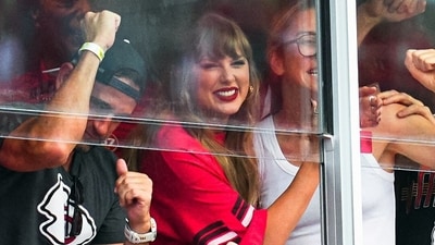 Kansas City, Missouri, USA; Recording artist Taylor Swift celebrates after a Kansas City Chiefs touchdown during the second half against the Cincinnati Bengals at GEHA Field at Arrowhead Stadium. (USA TODAY Sports via Reuters Con)