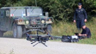 Soliders from the US Army operate a TS-M800 drone during the 'Saber Junction 24' US military and North Atlantic Treaty Organization (NATO) training exercise at the US Army's Hohenfels training Area in Hohenfels, Germany (Bloomberg)