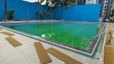 Mumbai, India. Sep 30, 2024: The Wadala swimming pool operated by the BMC has been closed for the past 3 months due to leakage and maintenance. The pool was opened to the public in August last year. Mumbai, India. Sep 30, 2024. (Photo by Raju Shinde/HT Photo) (Hindustan Times) Mumbai, India. Sep 30, 2024: The Wadala swimming pool operated by the BMC has been closed for the past 3 months due to leakage and maintenance. The pool was opened to the public in August last year. Mumbai, India. Sep 30, 2024. (Photo by Raju Shinde/HT Photo) (Hindustan Times)