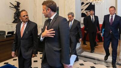 National Security Adviser Ajit Doval also called on French President Emmanuel Macron and conveyed PM Modi’s greetings. (X/IndiaembFrance) National Security Adviser Ajit Doval also called on French President Emmanuel Macron and conveyed PM Modi’s greetings. (X/IndiaembFrance)