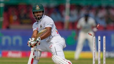 Bangladesh's batter Najmul Hossain Shanto being bowled out during the fifth day of the 2nd Test match against India (PTI) Bangladesh's batter Najmul Hossain Shanto being bowled out during the fifth day of the 2nd Test match against India (PTI)