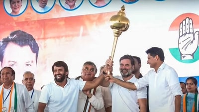 Sonipat: Rahul Gandhi with party leader Deepender Singh Hooda and Bajrang Punia. (PTI) Sonipat: Rahul Gandhi with party leader Deepender Singh Hooda and Bajrang Punia. (PTI)