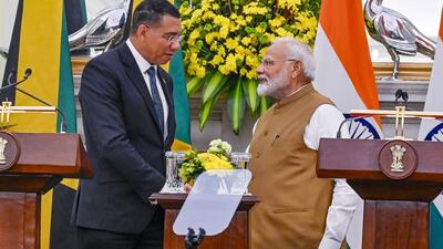 Prime Minister Narendra Modi with Prime Minister of Jamaica Andrew Holness at Hyderabad House in New Delhi on October 1. (RAJ K RAJ /HT PHOTO) Prime Minister Narendra Modi with Prime Minister of Jamaica Andrew Holness at Hyderabad House in New Delhi on October 1. (RAJ K RAJ /HT PHOTO)