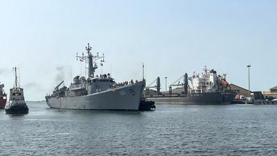 Two Indian Navy ships and a coast guard vessel arrive at the port city of Bandar Abbas in Iran on Tuesday. (PTI)