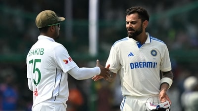 India's Virat Kohli (R) greets Bangladesh's Shakib Al Hasan at the end of the fifth and final day of the second Test. (AFP) India's Virat Kohli (R) greets Bangladesh's Shakib Al Hasan at the end of the fifth and final day of the second Test. (AFP)