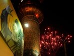 Fireworks explode next a portrait of slain Hezbollah leader Hassan Nasrallah and a minaret of a mosque in an anti-Israeli gathering celebrating Iran's missile strike against Israel, at Felestin (Palestine) Sq. in Tehran, Iran, on Tuesday, Fireworks explode next a portrait of slain Hezbollah leader Hassan Nasrallah and a minaret of a mosque in an anti-Israeli gathering celebrating Iran's missile strike against Israel, at Felestin (Palestine) Sq. in Tehran, Iran, on Tuesday,