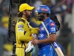 Rohit Sharma, right, greets MS Dhoni at the end of the Indian Premier League 2024 match between Chennai Super Kings and Mumbai Indians in Mumbai