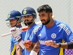 Virat Kohli (C), Yashasvi Jaiswal (L) and Jasprit Bumrah (R) during a training session. Virat Kohli (C), Yashasvi Jaiswal (L) and Jasprit Bumrah (R) during a training session.