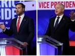 Combination image of Republican vice presidential nominee U.S. Senator JD Vance (R-OH) attending a debate with Democratic vice presidential nominee Minnesota Governor Tim Walz hosted by CBS in New York, U.S., October 1, 2024. 