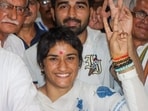 Former wrestler and Congress candidate from Julana constituency Vinesh Phogat during her nomination filing for the upcoming Haryana Assembly elections, in Jind district. Former wrestler and Congress candidate from Julana constituency Vinesh Phogat during her nomination filing for the upcoming Haryana Assembly elections, in Jind district.