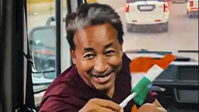 Climate activist Sonam Wangchuk during his 'Delhi Chalo' march earlier this week. (PTI Photo) Climate activist Sonam Wangchuk during his 'Delhi Chalo' march earlier this week. (PTI Photo)
