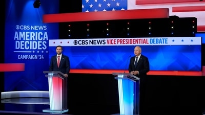 Republican vice presidential nominee Sen. JD Vance, R-Ohio, and Democratic vice presidential nominee Minnesota Gov. Tim Walz, participate in a vice presidential debate hosted by CBS News in New York, Tuesday, Oct. 1, 2024. (AP) Republican vice presidential nominee Sen. JD Vance, R-Ohio, and Democratic vice presidential nominee Minnesota Gov. Tim Walz, participate in a vice presidential debate hosted by CBS News in New York, Tuesday, Oct. 1, 2024. (AP)