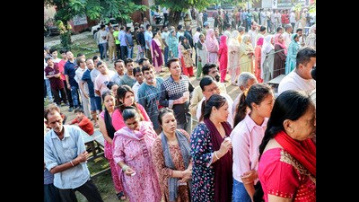 Jammu, Oct 01 (ANI): Voters wait in a queue to cast their votes for the final phase of the Jammu and Kashmir Assembly elections, at a polling station, in Jammu on Tuesday. (ANI Photo) (Shanky Rathore) Jammu, Oct 01 (ANI): Voters wait in a queue to cast their votes for the final phase of the Jammu and Kashmir Assembly elections, at a polling station, in Jammu on Tuesday. (ANI Photo) (Shanky Rathore)