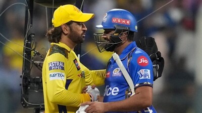 Rohit Sharma, right, greets MS Dhoni at the end of the Indian Premier League 2024 match between Chennai Super Kings and Mumbai Indians in Mumbai (AP) Rohit Sharma, right, greets MS Dhoni at the end of the Indian Premier League 2024 match between Chennai Super Kings and Mumbai Indians in Mumbai (AP)