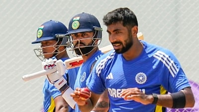 Virat Kohli (C), Yashasvi Jaiswal (L) and Jasprit Bumrah (R) during a training session. (PTI) Virat Kohli (C), Yashasvi Jaiswal (L) and Jasprit Bumrah (R) during a training session. (PTI)