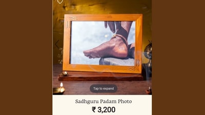 A framed picture of Sadhguru's feet is listed for  ₹3,200 on the Isha Life e-shop.