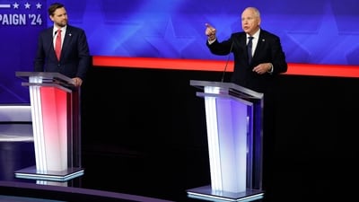 Republican vice presidential candidate, Sen. JD Vance (R-OH), and Democratic vice presidential candidate, Minnesota Gov. Tim Walz, participate in a debate at the CBS Broadcast Center on October 1, 2024 in New York City. (Getty Images via AFP)