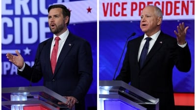 Combination image of Republican vice presidential nominee U.S. Senator JD Vance (R-OH) attending a debate with Democratic vice presidential nominee Minnesota Governor Tim Walz hosted by CBS in New York, U.S., October 1, 2024. REUTERS/Mike Segar (REUTERS)