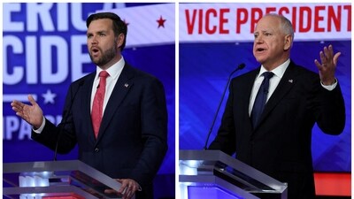 Combination image of Republican vice presidential nominee U.S. Senator JD Vance (R-OH) attending a debate with Democratic vice presidential nominee Minnesota Governor Tim Walz hosted by CBS in New York, U.S., October 1, 2024. (REUTERS)