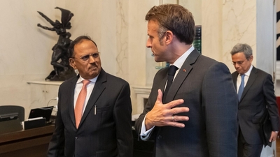 National Security Adviser Ajit Doval with French President Emmanuel Macron on Monday evening.