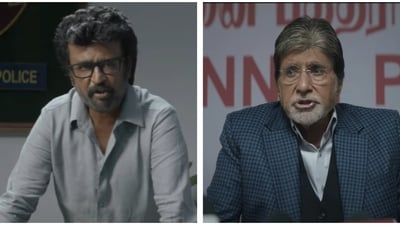 Rajinikanth and Amitabh Bachchan in Vettaiyan. Rajinikanth and Amitabh Bachchan in Vettaiyan.