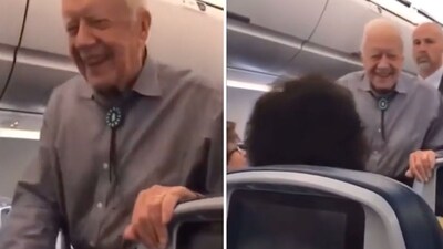 In the video, a smiling Carter can be seen shaking hands and greeting passengers onboard. (Reddit/asiasbutterfly) In the video, a smiling Carter can be seen shaking hands and greeting passengers onboard. (Reddit/asiasbutterfly)