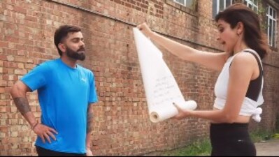 Virat Kohli looks on as Anushka Sharma reads out the rules (Instagram) Virat Kohli looks on as Anushka Sharma reads out the rules (Instagram)