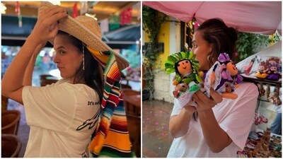 Neha posed with hats, scarves and dolls in a shop in Mexico. In a white T-shit, Neha shared travel goals on how to explore Mexico like a true traveler. (Instagram/@nehadhupia) Neha posed with hats, scarves and dolls in a shop in Mexico. In a white T-shit, Neha shared travel goals on how to explore Mexico like a true traveler. (Instagram/@nehadhupia)