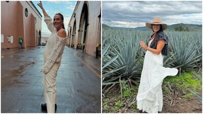 In stunning attires, Neha gave us fresh travel fashion goals. The actor posed in a white netted top and matching trousers. In another snippet, Neha looked gorgeous in a flowy summer white gown and a checkered short jacket. (Instagram/@nehadhupia) In stunning attires, Neha gave us fresh travel fashion goals. The actor posed in a white netted top and matching trousers. In another snippet, Neha looked gorgeous in a flowy summer white gown and a checkered short jacket. (Instagram/@nehadhupia)