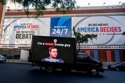 A digital billboard truck outside the CBS Broadcast Center ahead of the first vice presidential debate in New York, US, on Tuesday, Oct. 1, 2024. (Bloomberg)