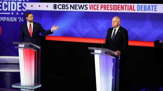 Republican vice presidential candidate, Sen. JD Vance (R-OH), and Democratic vice presidential candidate, Minnesota Gov. Tim Walz, participate in a debate at the CBS Broadcast Center on October 1, 2024 in New York City. (Photo by CHIP SOMODEVILLA / GETTY IMAGES NORTH AMERICA / Getty Images via AFP) (Getty Images via AFP)