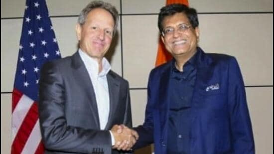Union minister Piyush Goyal meets Timothy F. Geithner, chairman of the global private equity firm Warburg Pincus, in New York on Tuesday. (PTI Photo)