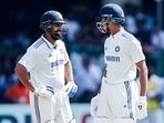 India's captain Rohit Sharma and Yashasvi Jaiswal celebrate their partnership during Day 4 of the second test match against Bangladesh
India's captain Rohit Sharma and Yashasvi Jaiswal celebrate their partnership during Day 4 of the second test match against Bangladesh