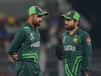 Pakistan's captain Babar Azam and wicketkeeper Mohammad Rizwan talk during the ICC Men's Cricket World Cup Pakistan's captain Babar Azam and wicketkeeper Mohammad Rizwan talk during the ICC Men's Cricket World Cup