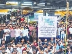 After the incident of sexual assault of two four-year-old girls in the school of Badlapur of Thane came to light, angry citizens of Badlapur staged a protest at Badlapur railway station in the morning. At Badlapur railway station, people have blocked the way of train going to Mumbai.on Tuesday. In India on 20 2024. (Photo by Pramod Tambe /HT Photo)
