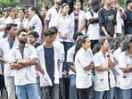 Mumbai, India - April 27, 2023: Angry medical students stage a protest as their 22-year-old colleague Dayanand Kale died after falling from a tree inside Podar Ayurved Medical College on Wednesday night. Though he was rushed immediately to the hospital, students allege negligence of the hospital administration and not getting timely treatment, at Worli, in Mumbai, India, on Thursday, April 27, 2023. (Photo by Satish Bate/ Hindustan Times) (Satish Bate/HT PHOTO)