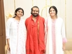 Pawan Kalyan with his daughters Aadya and Polena in Tirupati.